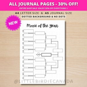 May include: A white journal page with a dotted background features a bracket for "Movie of the year." The page includes the text "A4 Letter Size & A5 Journal Size" and "Dotted Background & No Dots." A pink starburst graphic says "NEW."