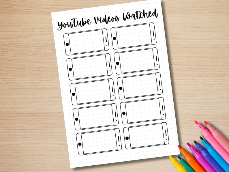 May include: Printable sheet with the text "YouTube Videos Watched" at the top. The sheet is divided into 10 sections, each containing a black outline of a smartphone screen.