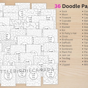 May include: A collection of 36 black and white doodle pages featuring various line art illustrations. Each page includes a circular emblem with the text Doodle of the Day. A list on the right side displays the 36 items, including sock, moon, firework, cupcake, pillow, blanket, koi, St Patty's Hat, chick, birdhouse, daffodil, rainboot, sombrero, plant pot, jam jar, tea bag, kite, lilypad, coconut, popsicle, lasso, bathing suit, firefly, axolotl, hedgehog, shield, croissant, popcorn, tarot, scarecrow, yarn, pie, cinnamon drink, snowglobe, wreath, and mitten.