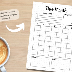 May include: A black and white printable monthly calendar planner with dotted lines. The calendar has sections for monthly goals, notes, birthdays, and events. The text "This Month" is at the top of the page.