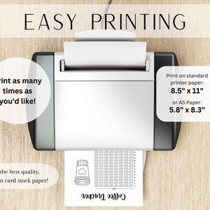 May include: A black and white printable sheet with a coffee cup tracker. The sheet is designed to be printed on standard 8.5" x 11" printer paper or A5 paper, which is 5.8" x 8.3". The text on the sheet reads "Coffee Tracker".