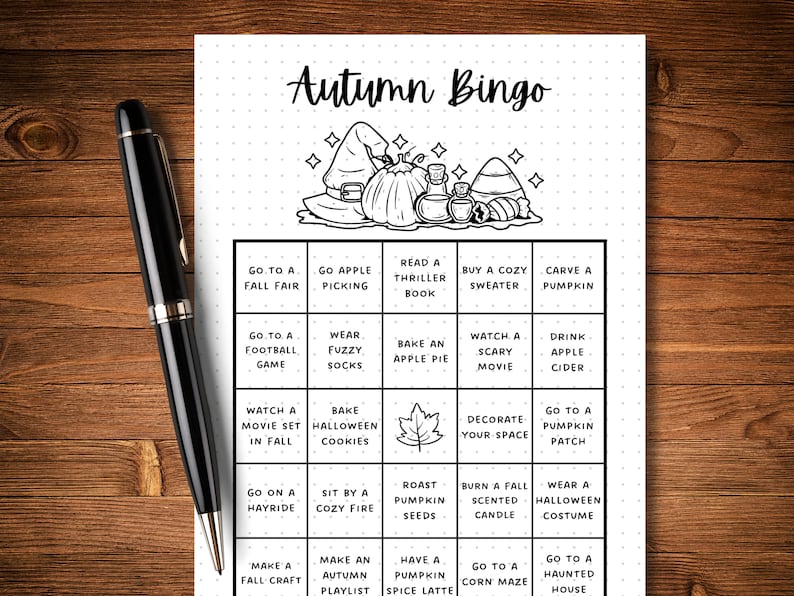 Puede incluir: Un cart&oacute;n de bingo imprimible en blanco y negro con el t&iacute;tulo "Autumn Bingo". El cart&oacute;n tiene 25 casillas con actividades de tem&aacute;tica oto&ntilde;al, como ir a una feria de oto&ntilde;o, recoger manzanas, leer un libro de suspense, hornear una tarta de manzana y ver una pel&iacute;cula de miedo.