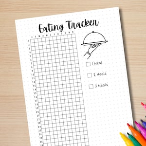 May include: A black and white printable eating tracker with a grid for 28 days and a check box for 1, 2, or 3 meals. The tracker has a small illustration of a hand holding a serving tray.
