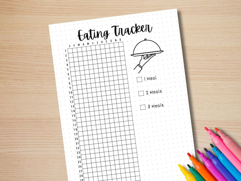 May include: A black and white printable eating tracker with a grid for 28 days and a check box for 1, 2, or 3 meals. The tracker has a small illustration of a hand holding a serving tray.