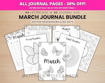 Mars Journal Bundle - Fjärilar - UTSKRIVBARA Journalsidor - SVARTVITT - Mars Planner - Marsagenda - Utskrivbar Planner