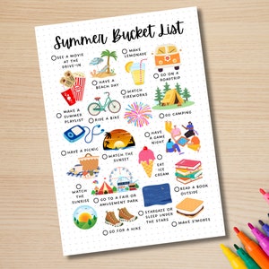 May include: A printable summer bucket list with illustrations of activities like watching a movie at the drive-in, making lemonade, having a beach day, riding a bike, going camping, and making s'mores.