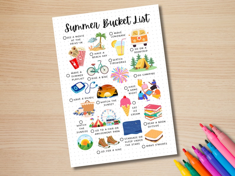 May include: A printable summer bucket list with illustrations of activities like watching a movie at the drive-in, making lemonade, having a beach day, riding a bike, going camping, and making s'mores.
