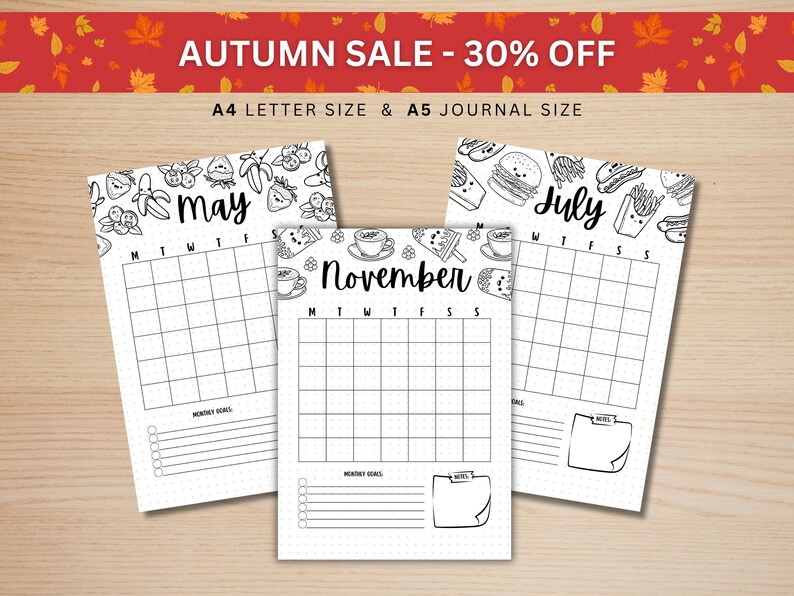 Cute Food 12 Month Calendar BUNDLE D Journal Calendar Template Monthly
