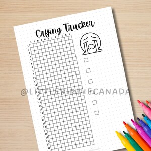 Puede incluir: Un rastreador de llanto imprimible con una cuadr&iacute;cula para 30 d&iacute;as y un emoji llorando. El rastreador tiene una lista de verificaci&oacute;n para cada d&iacute;a.