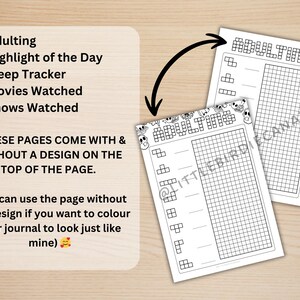 May include: Two white journal pages with black text and a grid design. The pages include sections for "Adulting," "Highlight of the Day," "Sleep Tracker," "Movies Watched," and "Shows Watched." The text also mentions the pages come with and without a design.