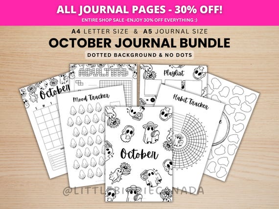 October Journal Bundle - Ghosts - PRINTABLE Journal Pages - BLACK & WHITE - October Planner - October Agenda - Printable Planner