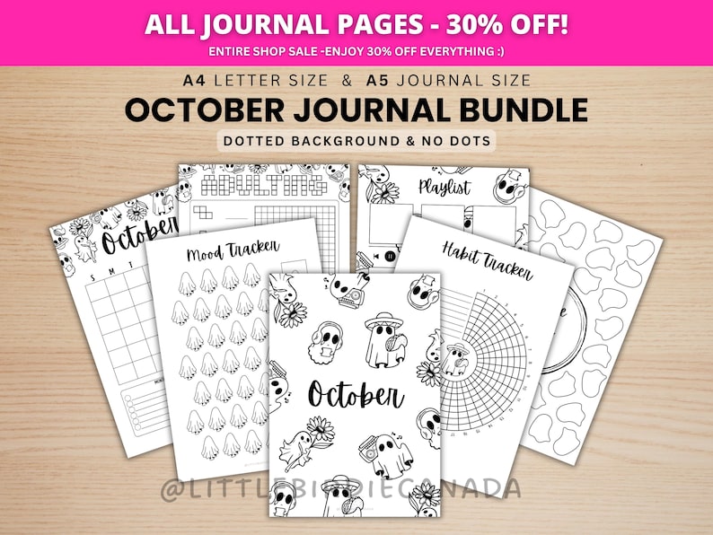 October Journal Bundle - Ghosts - PRINTABLE Journal Pages - BLACK & WHITE - October Planner - October Agenda - Printable Planner image 1