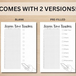 May include: Two versions of a printable screen time tracker. The first version is blank, while the second version has a checklist with time increments for tracking screen time. Both versions feature a hand holding a smartphone.