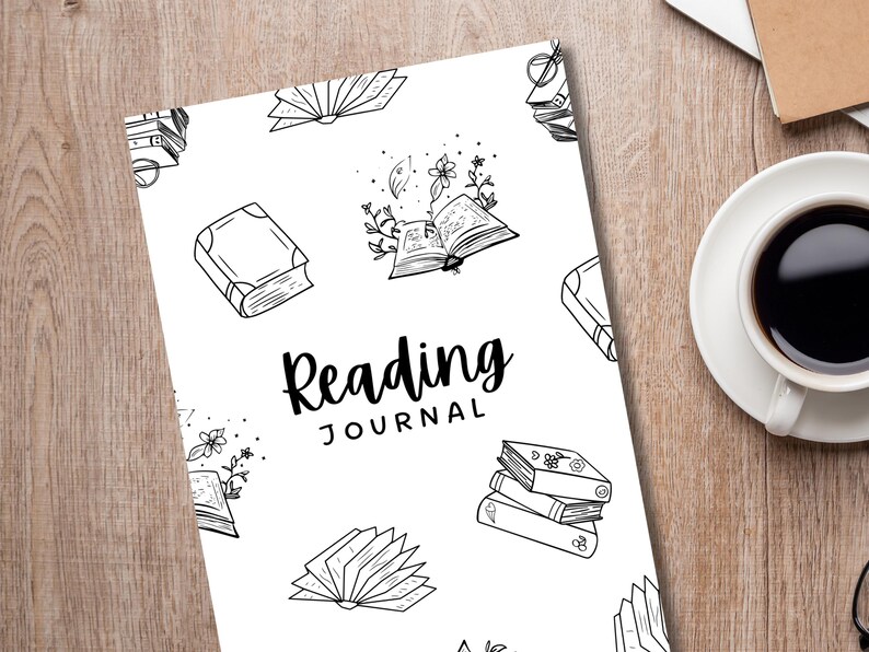 May include: A black and white reading journal cover with the text "Reading Journal" and illustrations of books and flowers.