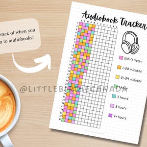 May include: A white Audiobook Tracker sheet with a grid for tracking listening time, featuring a headphone graphic. The sheet includes color-coded time increments and the text "Keep track of when you listen to audiobooks!"