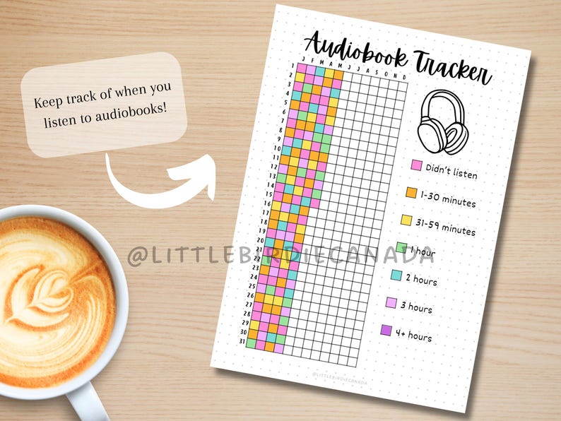May include: A white Audiobook Tracker sheet with a grid for tracking listening time, featuring a headphone graphic. The sheet includes color-coded time increments and the text "Keep track of when you listen to audiobooks!"