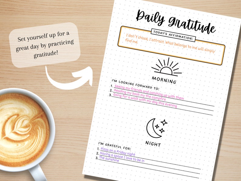 May include: A printable daily gratitude journal with a dotted background. The journal has sections for morning and night. The morning section has a sun icon and the text "I'm looking forward to:". The night section has a moon icon and the text "I'm grateful for:".