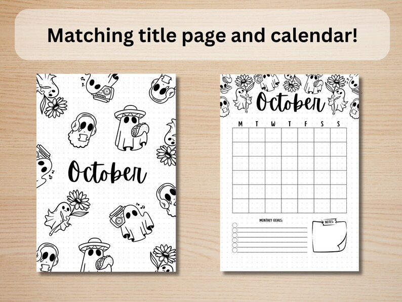 May include: Printable October calendar and title page featuring a black and white ghost and flower pattern. The calendar has a grid for each day of the month with space for notes and monthly goals.