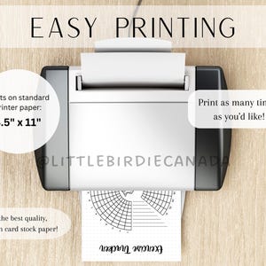 K&ouml;nnte beinhalten: Ein Drucker mit einem Blatt Papier darin. Das Papier hat ein Raster und den Text "Executive Tracker" darauf gedruckt. Der Text "EASY PRINTING" befindet sich oben im Bild. Der Text "Prints on standard printer paper: 8.5" x 11" befindet sich auf der linken Seite des Bildes. Der Text "Print as many time's as you'd like!" befindet sich auf der rechten Seite des Bildes. Der Text "For the best quality, print on card stock paper!" befindet sich unten links im Bild.