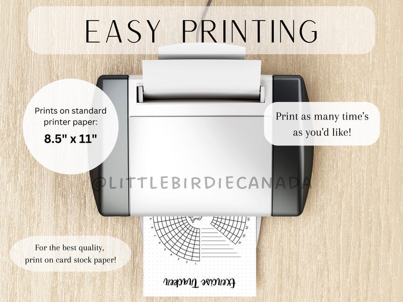 K&ouml;nnte beinhalten: Ein Drucker mit einem Blatt Papier darin. Das Papier hat ein Raster und den Text "Executive Tracker" darauf gedruckt. Der Text "EASY PRINTING" befindet sich oben im Bild. Der Text "Prints on standard printer paper: 8.5" x 11" befindet sich auf der linken Seite des Bildes. Der Text "Print as many time's as you'd like!" befindet sich auf der rechten Seite des Bildes. Der Text "For the best quality, print on card stock paper!" befindet sich unten links im Bild.