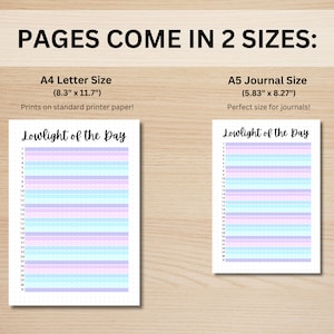 May include: Two printable pages for a daily planner or journal. The pages are titled "Lowlight of the Day" and are available in two sizes: 8.3 inches by 11.7 inches and 5.83 inches by 8.27 inches.