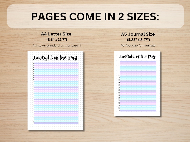 May include: Two printable pages for a daily planner or journal. The pages are titled "Lowlight of the Day" and are available in two sizes: 8.3 inches by 11.7 inches and 5.83 inches by 8.27 inches.