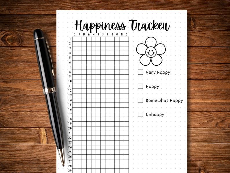 May include: A black and white printable happiness tracker with a flower graphic and a checklist to track mood levels: Very Happy, Happy, Somewhat Happy, Unhappy. The tracker has a grid with numbers 1-29 and the months January through December.