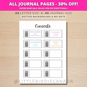 Concert Tracker - PRINTABLE Journal Page - Concert Log - Concert Journal - List of Concerts - Track Concerts - Yearly Tracker - Planner Page