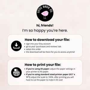 K&ouml;nnte beinhalten: Eine digitale Download-Anleitung mit Anweisungen zum Herunterladen und Drucken von Dateien von Etsy. Das Bild enth&auml;lt das Little Birdie Co. Logo, einen rosa Vogel und den Text "hi, friends! I'm so happy you're here."