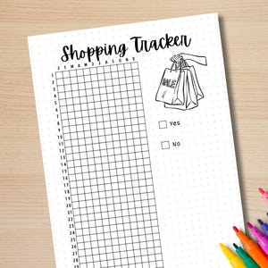 May include: A black and white printable shopping tracker with a grid for each month of the year. The tracker includes a check box for "Yes" and "No" to track shopping trips.