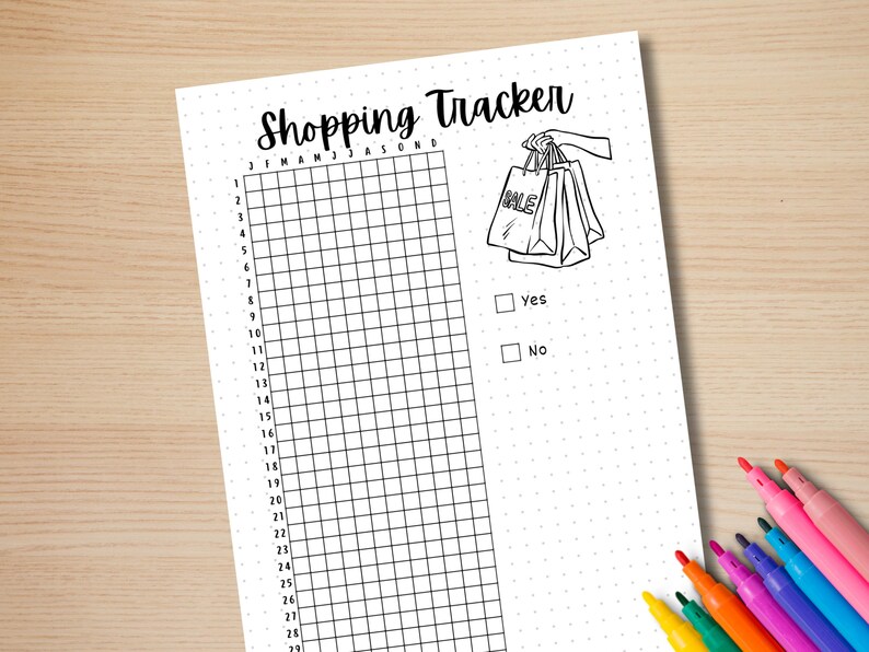 May include: A black and white printable shopping tracker with a grid for each month of the year. The tracker includes a check box for "Yes" and "No" to track shopping trips.