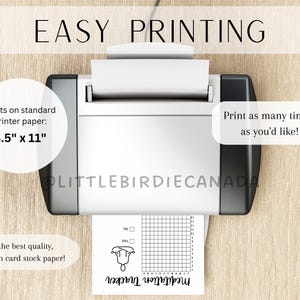 May include: A printer with a sheet of paper in it. The paper has a black and white meditation tracker with a grid and a person in a meditation pose. The text on the paper says "Meditation Tracker". The printer is on a wooden surface. The text on the image says "EASY PRINTING", "Prints on standard printer paper: 8.5" x 11"