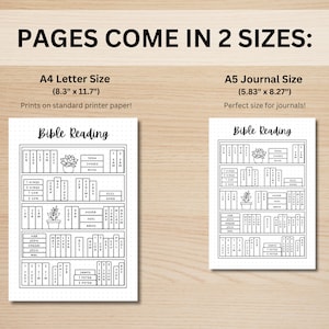 May include: Printable Bible reading tracker with a bookshelf design. The tracker is available in two sizes: 8.3 inches by 11.7 inches and 5.83 inches by 8.27 inches. The tracker features a bookshelf with different books of the Bible listed on the spines.