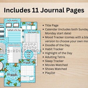 Op de afbeelding: Een set van 11 printbare journalpagina's met een strandthema. De pagina's bevatten een titelpagina, een kalender, een stemmingstracker, een krabbel van de dag, een gewoontetracker, een hoogtepunt van de dag, adulting Tetris, een slaaptracker, gekeken films, gekeken shows en een afspeellijst.