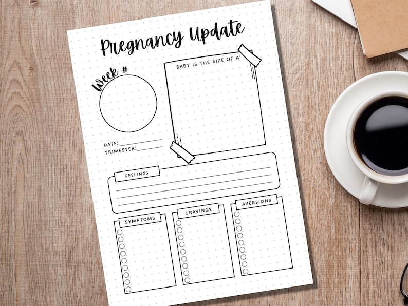 May include: Printable pregnancy tracker with sections for week number, date, trimester, feelings, symptoms, cravings, and aversions. The tracker has a dotted background and a space for the size of the baby.