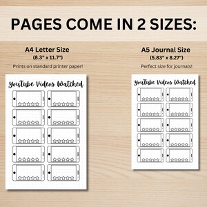 May include: Printable planner pages for tracking YouTube videos watched. The pages are available in two sizes: 8.3 inches by 11.7 inches and 5.83 inches by 8.27 inches. Each page features a grid layout with space for recording the title of the video, the date watched, and a rating out of five stars.