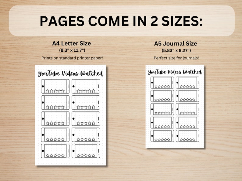 May include: Printable planner pages for tracking YouTube videos watched. The pages are available in two sizes: 8.3 inches by 11.7 inches and 5.83 inches by 8.27 inches. Each page features a grid layout with space for recording the title of the video, the date watched, and a rating out of five stars.