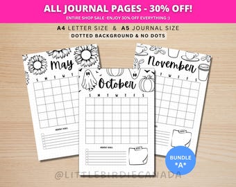 12ヶ月カレンダー - バンドルA - ジャーナルカレンダーテンプレート - 月間プランナー - 印刷可能なカレンダー - 印刷可能なプランナーページ - ジャーナルページ