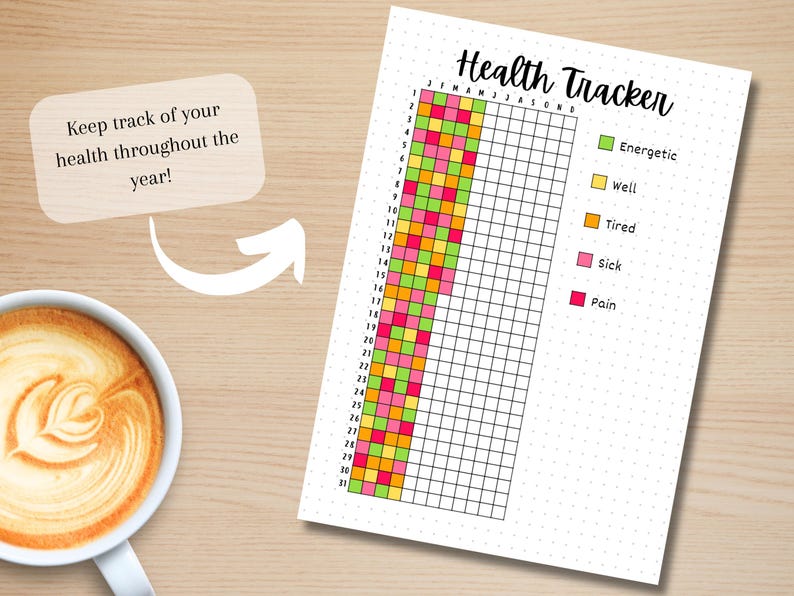 May include: A printable health tracker with a grid for each day of the year. The grid is color-coded to track how you feel: green for energetic, yellow for well, orange for tired, pink for sick, and red for pain. The text "Health Tracker" is at the top of the page.