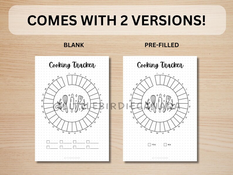 Peut inclure: Deux versions imprimables d'un suivi de cuisine noir et blanc. Le suivi est un cercle avec 30 sections pour suivre les repas cuisin&eacute;s. Le haut du suivi indique "Cooking Tracker". Une version est vierge et l'autre version a une case &agrave; cocher pour "Oui" et "Non" et un espace pour des notes.