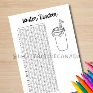 May include: A printable water tracker with a black and white illustration of a water bottle with a straw. The tracker has a grid with numbers 1-29 on the left side and 1-10 on the top. The text "Water Tracker" and "CUPS" are at the top of the page.