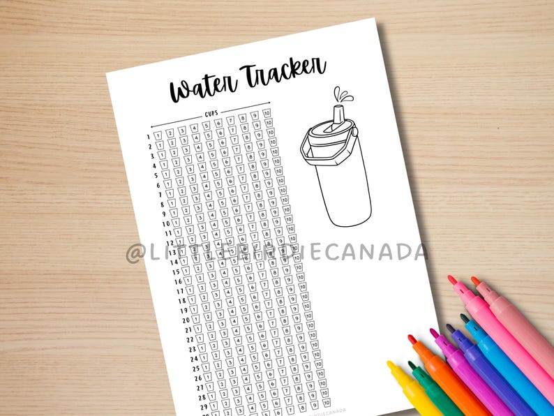 May include: A printable water tracker with a black and white illustration of a water bottle with a straw. The tracker has a grid with numbers 1-29 on the left side and 1-10 on the top. The text "Water Tracker" and "CUPS" are at the top of the page.