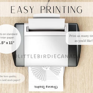 May include: A printer with a sheet of paper in it. The paper has a printable cleaning tracker with a grid and lines. The text on the paper says "Cleaning Tracker". The printer is on a light brown wooden surface. The text on the printer says "Easy Printing" and "Prints on standard printer paper: 8.5" x 11" and "Print as many time's as you'd like!"