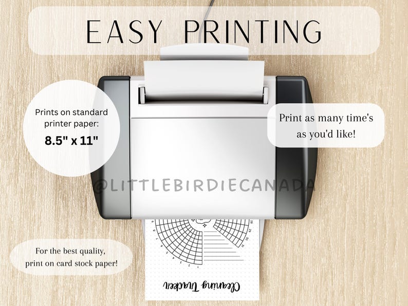 May include: A printer with a sheet of paper in it. The paper has a printable cleaning tracker with a grid and lines. The text on the paper says "Cleaning Tracker". The printer is on a light brown wooden surface. The text on the printer says "Easy Printing" and "Prints on standard printer paper: 8.5" x 11" and "Print as many time's as you'd like!"