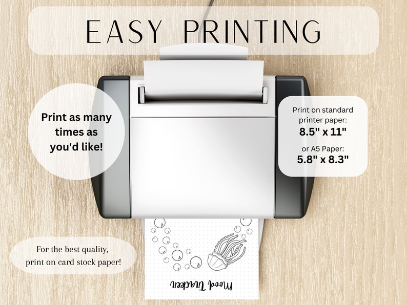 Może przedstawiać: Biała drukarka z arkuszem papieru drukującym czarno-białą ilustrację meduzy z bąbelkami. Tekst "Easy Printing" znajduje się w g&oacute;rnej części obrazu. Tekst "Drukuj tyle razy, ile chcesz!" znajduje się po lewej stronie obrazu. Tekst "Drukuj na standardowym papierze do drukarki: 8,5" x 11" lub papierze A5: 5,8" x 8,3" znajduje się po prawej stronie obrazu. Tekst "Aby uzyskać najlepszą jakość, drukuj na papierze kartonowym!" znajduje się w lewym dolnym rogu obrazu.