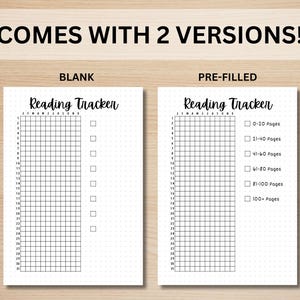 May include: Two versions of a printable reading tracker. The first version is blank, while the second version is pre-filled with page ranges for tracking books. Both versions feature a grid with 30 rows and 7 columns.