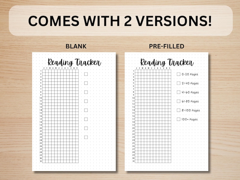 May include: Two versions of a printable reading tracker. The first version is blank, while the second version is pre-filled with page ranges for tracking books. Both versions feature a grid with 30 rows and 7 columns.