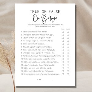 True or False Baby Shower Game Baby Shower Party Game Baby Trivia Game Minimalist Baby Shower Game Minimalist Game Baby Shower True or False