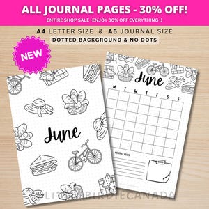 Página de título e calendário de junho - Calendário para impressão - Tema piquenique - Página de título e calendário do diário - Capa de junho