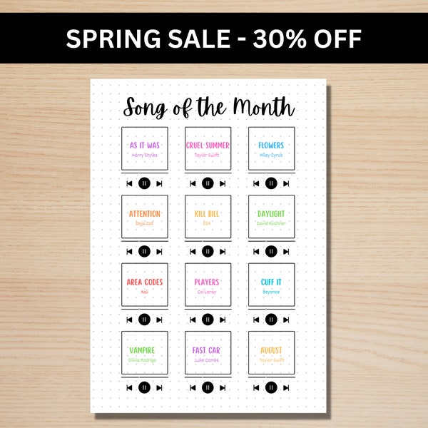 Song of the Month Music Playlist Page - A5 Journal Page - PRINTABLE Yearly Playlist Tracker - Monthly Song Tracker - Monthly Music Tracker